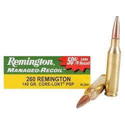 Remington Managed-Recoil Rifle Ammunition 260 Remington 140 Grain Core-Lokt Pointed Soft Point Box of 20 Rounds