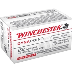 Winchester Dynapoint Ammunition 22 Winchester Magnum Rimfire (WMR) 45 Grain Plated Lead Hollow Point Box of 50