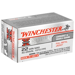 Winchester Super-X Rimfire Ammunition 22 Winchester Magnum Rimfire (WMR) 40 Grain Full Metal Jacket Box of 50 Rounds