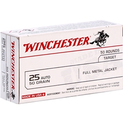 Winchester USA Handgun Ammunition 25 ACP 50 Grain Full Metal Jacket Box of 50