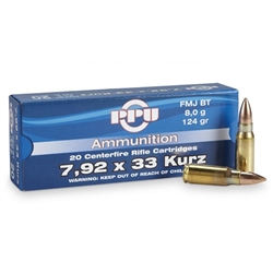 7.92x33mm Kurz Mauser Ammo-Prvi Partizan Rifle Ammunition 7.62x33mm Kurz Mauser 124 Grain FMJ Ammo