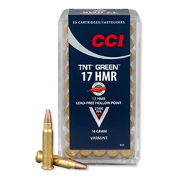 CCI Rimfire Ammunition 17 Hornady Magnum Rimfire (HMR) 16 Grain Speer TNT Green Hollow Point Lead-Free Box of 50
