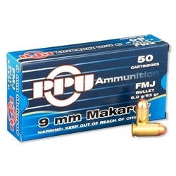 Prvi Partizan Handgun Ammunition 9x18mm 9mm Makarov 93 Grain Full Metal Jacket Box of 50 Rounds