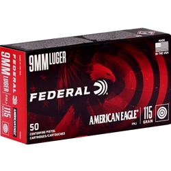 Federal American Eagle Ammunition 9mm Luger 115 Grain Full Metal Jacket Box of 50