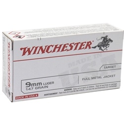 Winchester USA Ammunition 9mm Luger 147 Grain Full Metal Jacket Flat Nose Box of 50