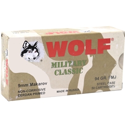 Wolf Military Classic Ammunition 9x18mm (9mm Makarov) 95 Grain Full Metal Jacket (Bi-Metal) Steel Case Berdan Primed Box of 50