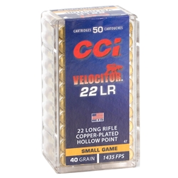 CCI Velocitor Ammunition 22 Long Rifle 40 Grain Plated Lead Hollow Point Box of 50