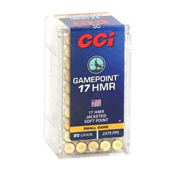 CCI GamePoint Ammunition 17 Hornady Magnum Rimfire (HMR) 20 Grain Jacketed Spire Point Box of 50