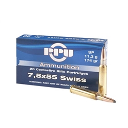 Prvi Partizan Ammunition 7.5mm Schmidt-Rubin (7.5 x 55 Swiss) 174 Grain Soft Point Box of 20