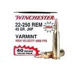 Winchester USA Ammunition 22-250 Remington 45 Grain Jacketed Hollow Point Value Pack Box of 40 Rounds