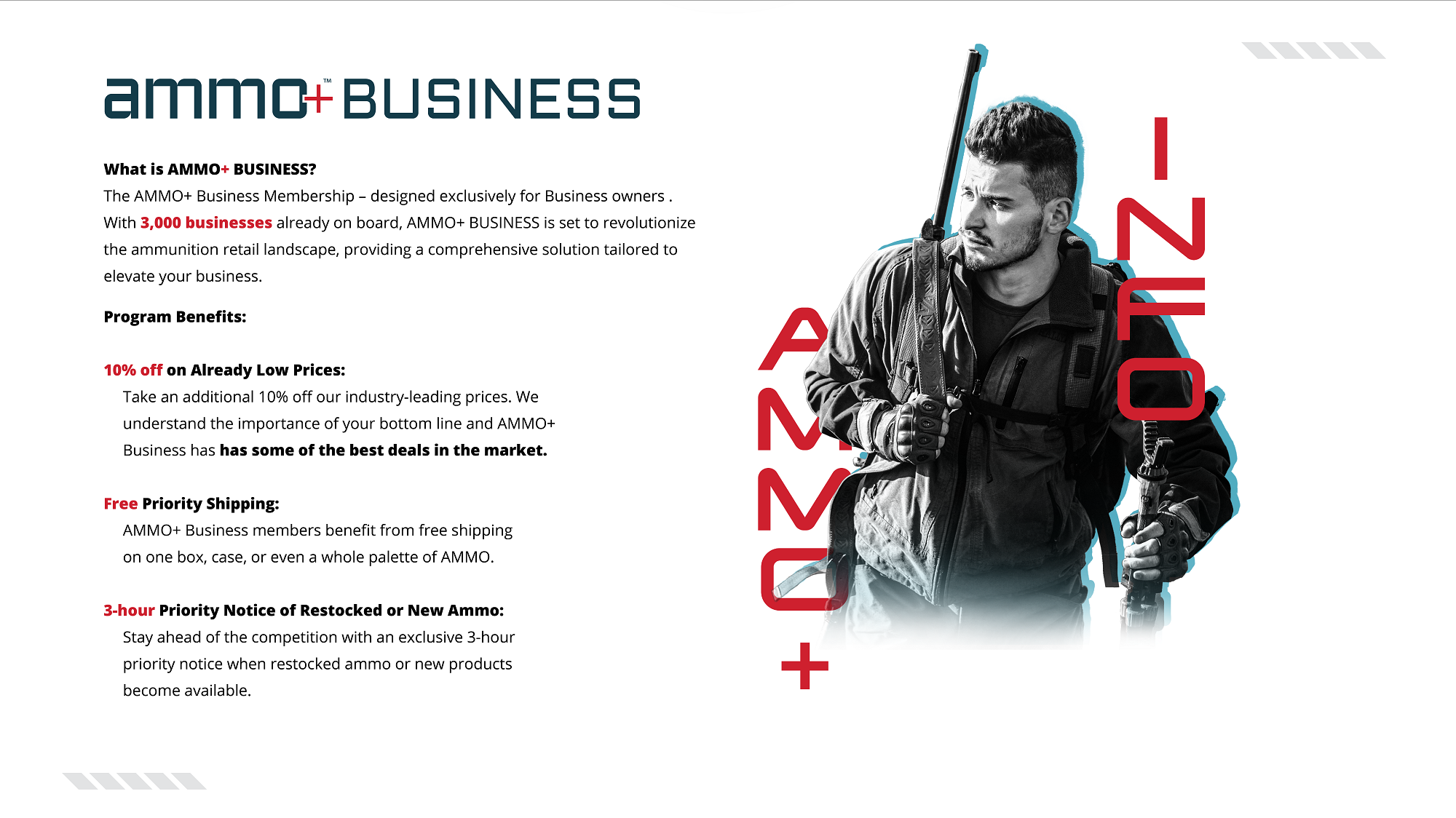 Ammo Plus Business Membership: Designed exclusively for FFL dealers - providing a comprehensive solution tailored to elevate your busines. 10% off on Already Low Prices, Free Priority Shipping and 3-hour Priority Notice of Restocked or New Ammo.