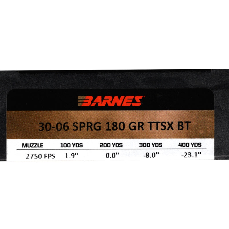 Barnes VOR-TX 30-06 Springfield Ammo 180 Grain Tipped TAC-TX Bullet Flat Base Lead-Free