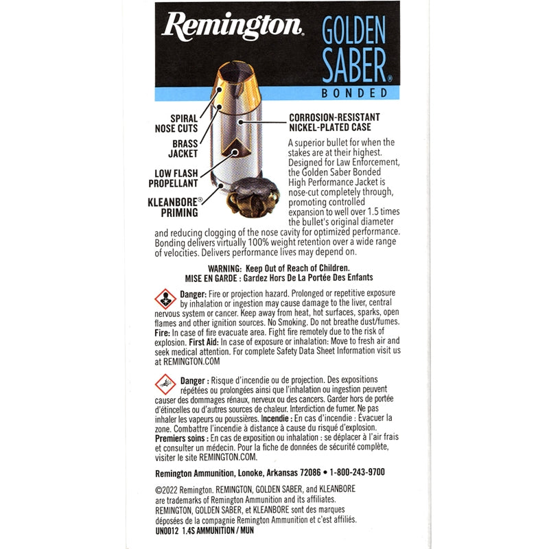 Remington Golden Saber Bonded 9mm Ammo 147 Grain Bonded Brass Jacketed Hollow Point - GSB9MMC
