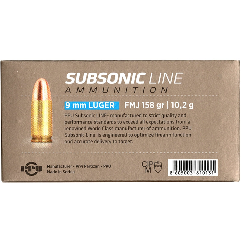 Prvi Partizan Subsonic 9mm Ammo 158 Grain Full Metal Jacket - PPS9MM