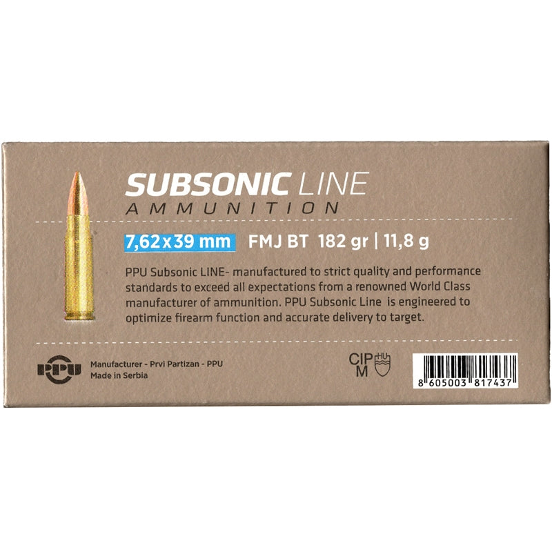Prvi Partizan Subsonic Line 7.62x39mm Ammo 182 Grain Full Metal Jacket Boat Tail - PPS76239