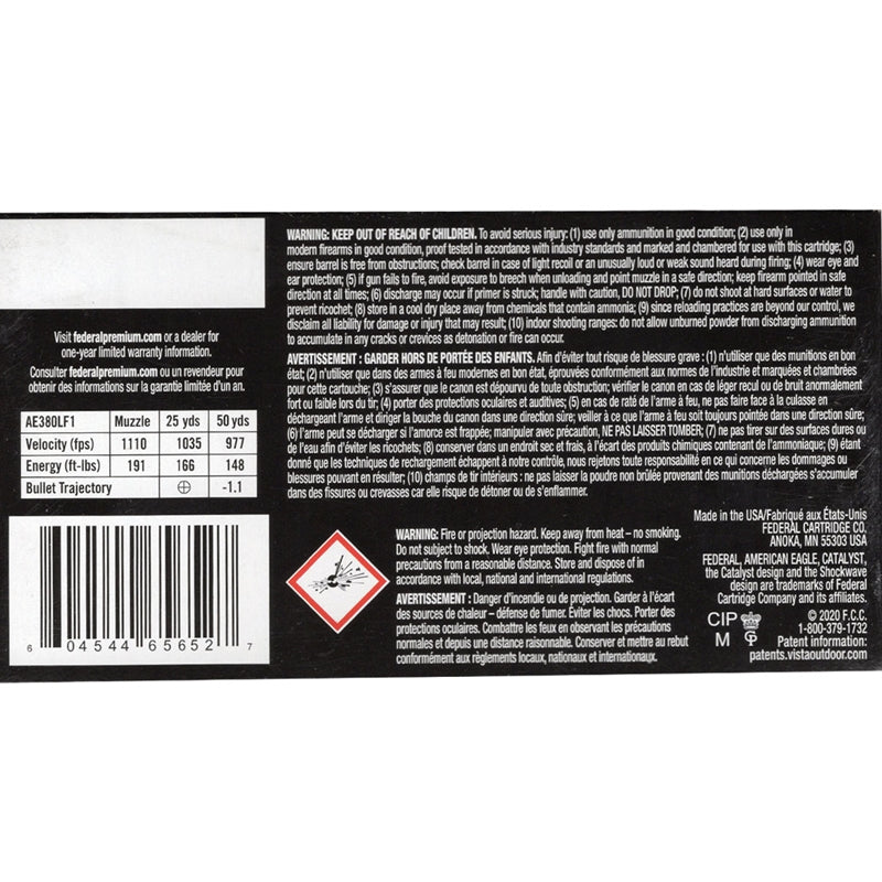 Federal American Eagle Indoor Range Training 380 ACP Ammo 70 Grain Lead-Free Full Metal Jacket - AE380LF1
