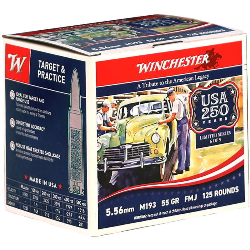 Winchester USA Anniversary Edition 5.56mm NATO M193 Ammo 55 Grain Full Metal Jacket 125 Rounds Value Pack - USA193125