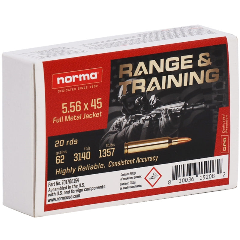 Norma Range & Training 5.56x45mm NATO Ammo 62 Grain Full Metal Jacket - 701706154