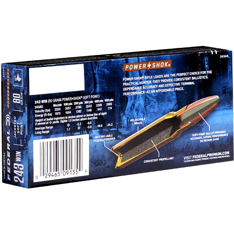 Federal Power-Shok 243 Winchester Ammo 80 Grain Jacketed Soft Point - 243AS