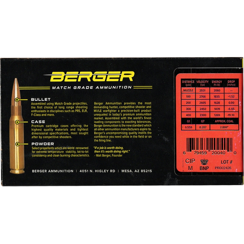 Berger Elite Hunter 6mm Creedmoor Ammo 108 Grain Boat Tail - 65-20040
