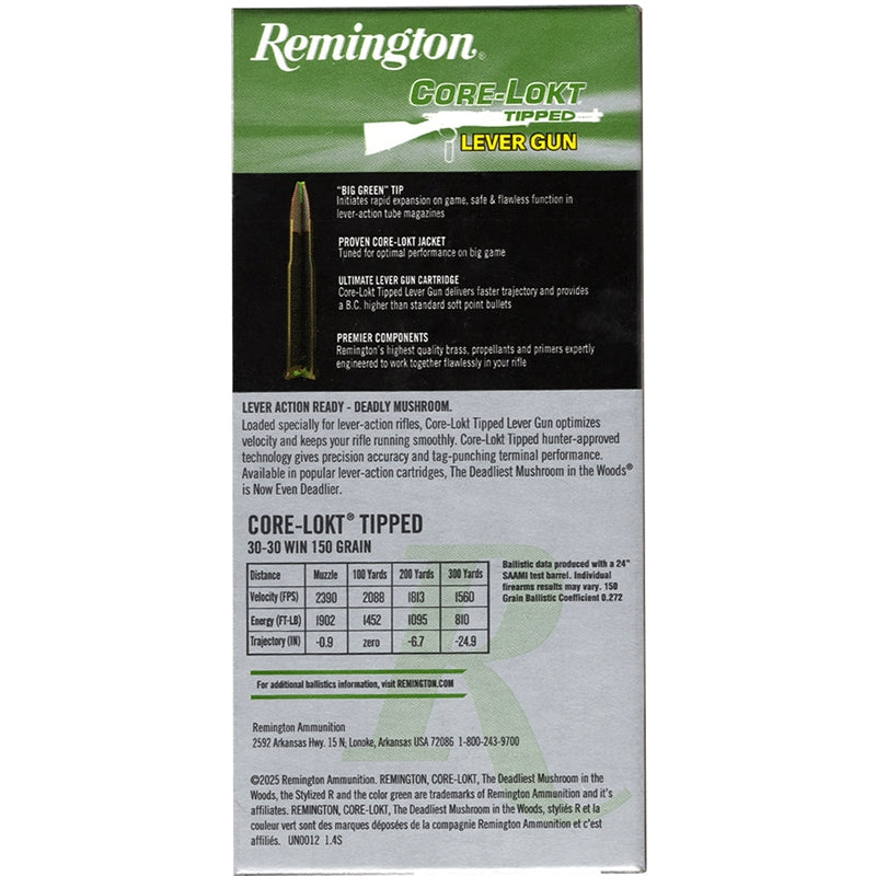 Remington Core-Lokt Tipped Lever Gun 30-30 Winchester Ammo 150 Grain Polymer Tip - R21428