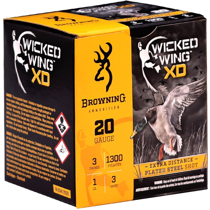 Browning Wicked Wing XD 20 Gauge Ammo 3" 1oz #3 Plated Steel Shot - B193412033