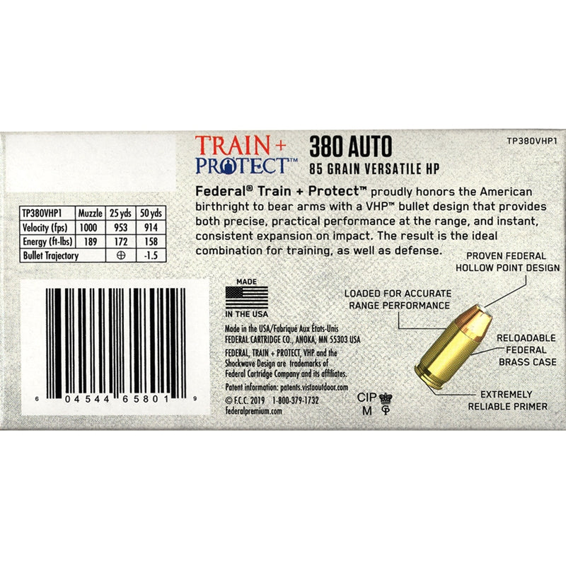 Federal Train + Protect 380 ACP Ammo 85 Grain Versatile Hollow Point - TP380VHP1