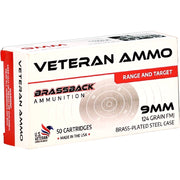 Veteran Brassback 9mm Ammo 124 Grain Full Metal Jacket Brass Plated Steel - HMBX-9-124-BPSTEEL