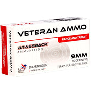 Veteran Ammo Brassback 9mm Ammo 115 Grain Full Metal Jacket Brass Plated Steel - HMBX-9-115-BPSTEEL