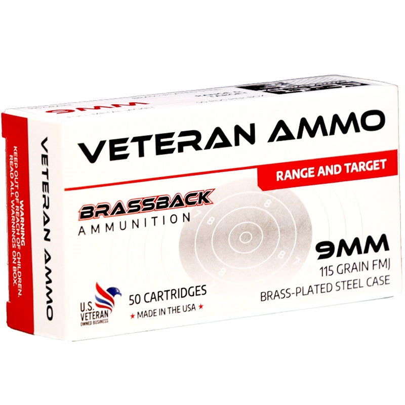 Veteran Ammo Brassback 9mm Ammo 115 Grain Full Metal Jacket Brass Plated Steel - HMBX-9-115-BPSTEEL