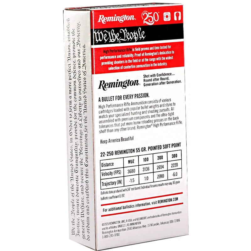 Remington We The People 22-250 Ammo 55 Grain Pointed Soft Point - 21389