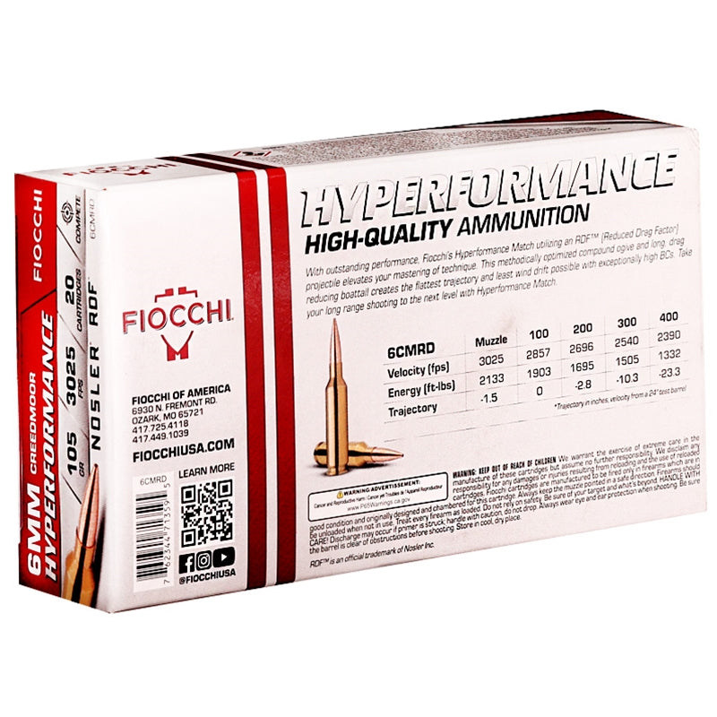 Fiocchi Hyperformance 6mm Creedmoor Ammo 105 Grain Reduced Drag Hollow Point - 6CMRD
