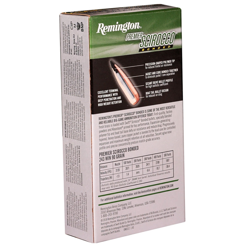 Remington Premier 243 Winchester Ammo 90 Grain Swift Scirocco Bonded Polymer Tip - 29320