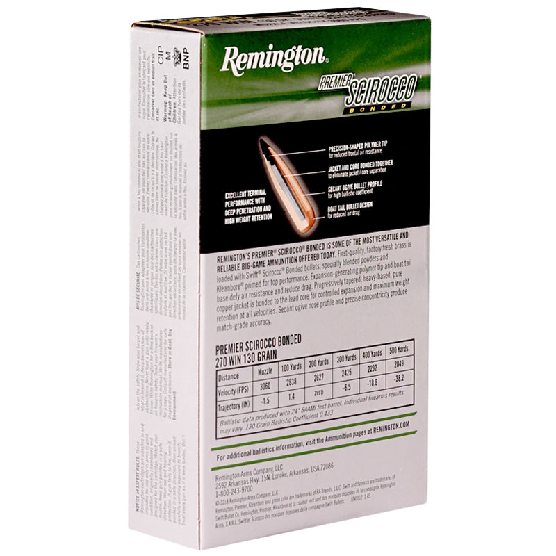 Remington Premier Scirocco Bonded 270 Winchester Ammo 130 Grain Swift Polymer Tip - 29322