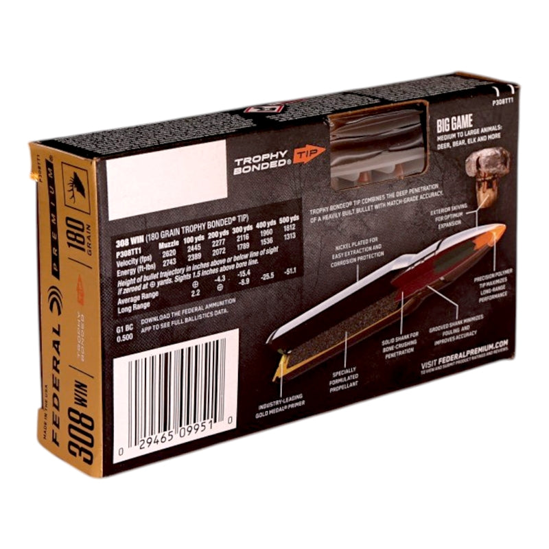 Federal Premium 308 Winchester Ammo 180 Grain Trophy Bonded Tip - P308TT1