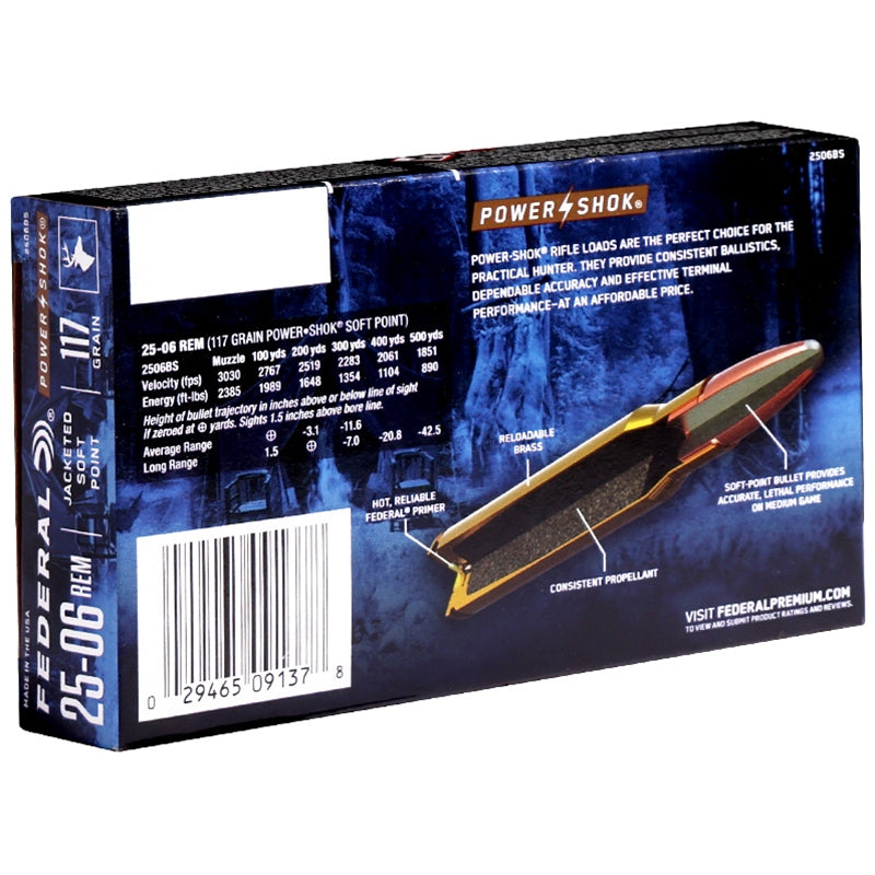 Federal Power-Shok  25-06 Remington Ammo 117 Grain Jacketed Soft Point - 2506BS