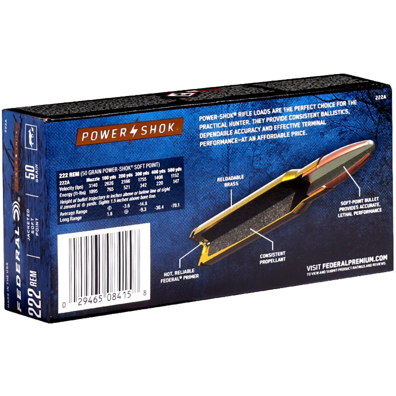 Federal Power-Shok 222 Remington Ammo 50 Grain Jacketed Soft Point – 222A