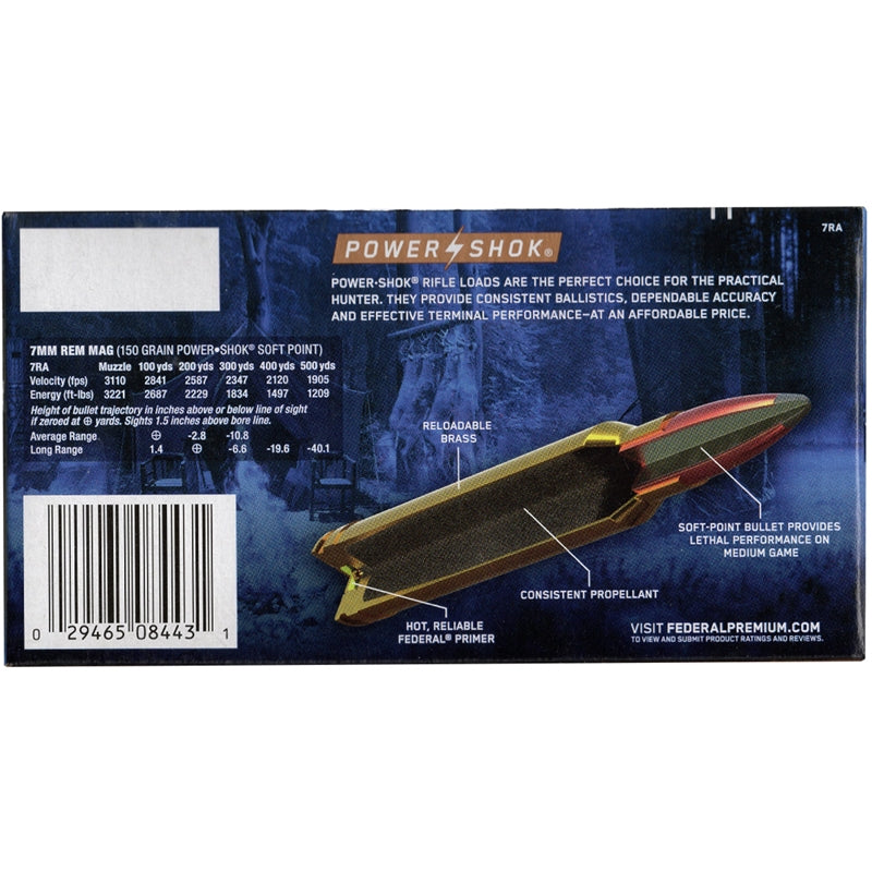 Federal Power-Shok Rifle Ammo 7mm Remington Magnum Ammo 150 Grain Jacketed Soft Point - 7RA