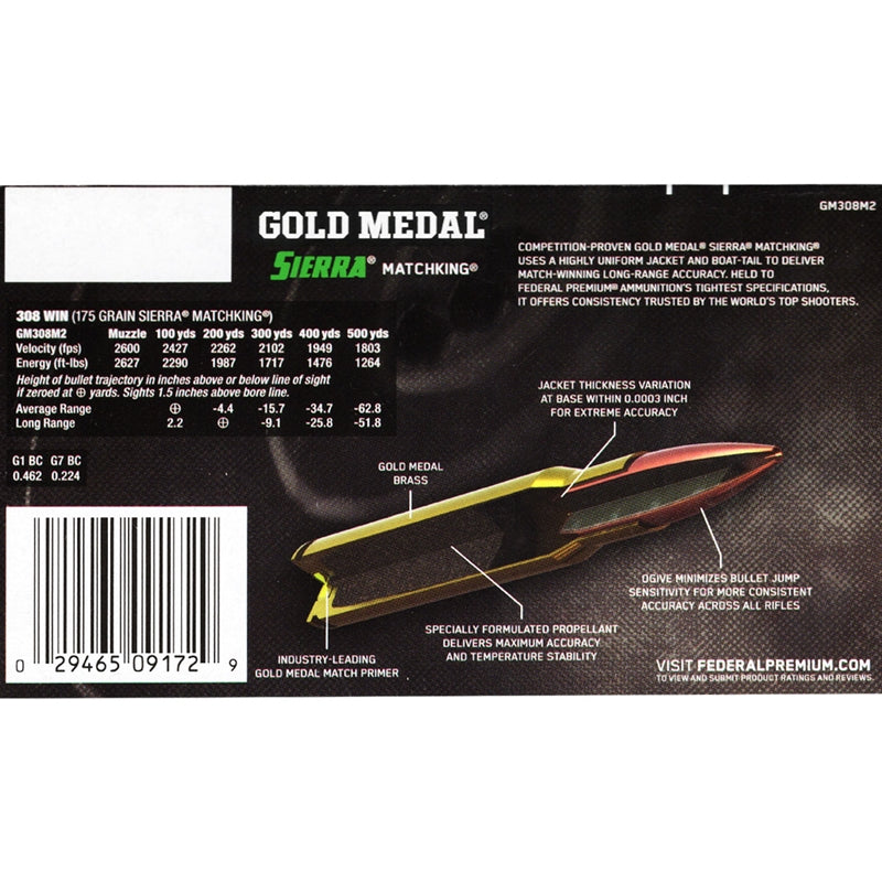 Federal Gold Medal 308 Winchester Ammo 175 Grain Sierra MatchKing Hollow Point