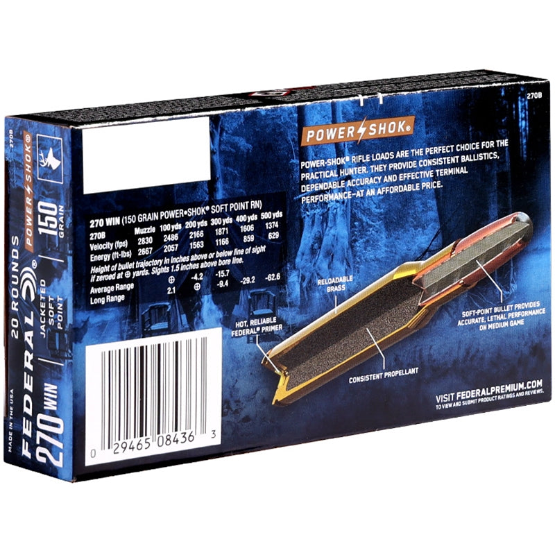 Federal Power-Shok 270 Winchester Ammo 150 Grain Jacketed Soft Point - 270B