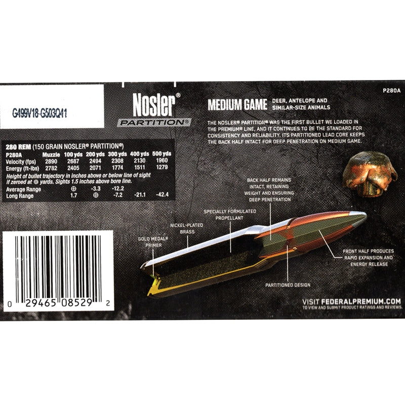 Federal Premium Vital-Shok 280 Remington Ammo 150 Grain Nosler Partition - P280A