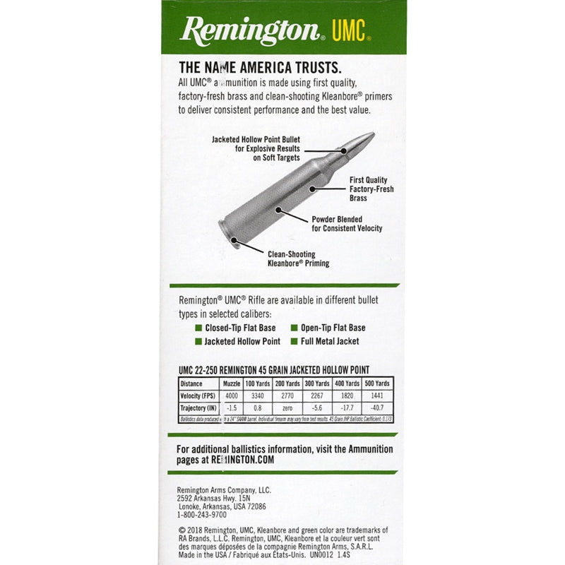 Remington UMC 22-250 Remington Ammo 45 Grain Jacketed Hollow Point Value Pack - L22503B
