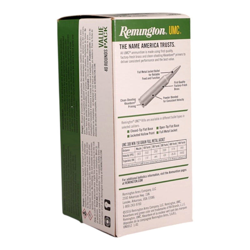 Remington UMC 308 Winchester Ammo 150 Grain Full Metal Jacket - L308W4B