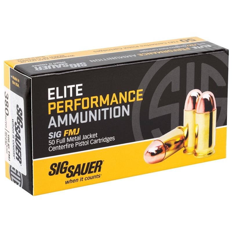 Sig Sauer Elite Performance 380 ACP Auto Ammo 100 Grain Full Metal Jacket - E380B1-50