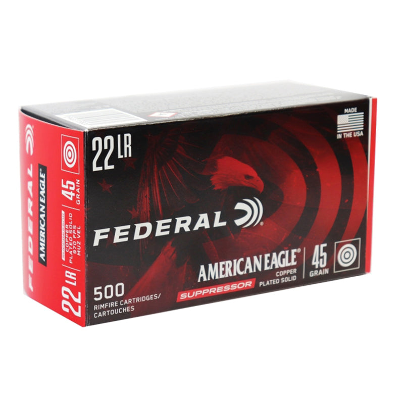 Federal American Eagle Suppressor 22 Long Rifle Ammo 45 Grain Copper Plated Lead Round Nose - AE22SUP1