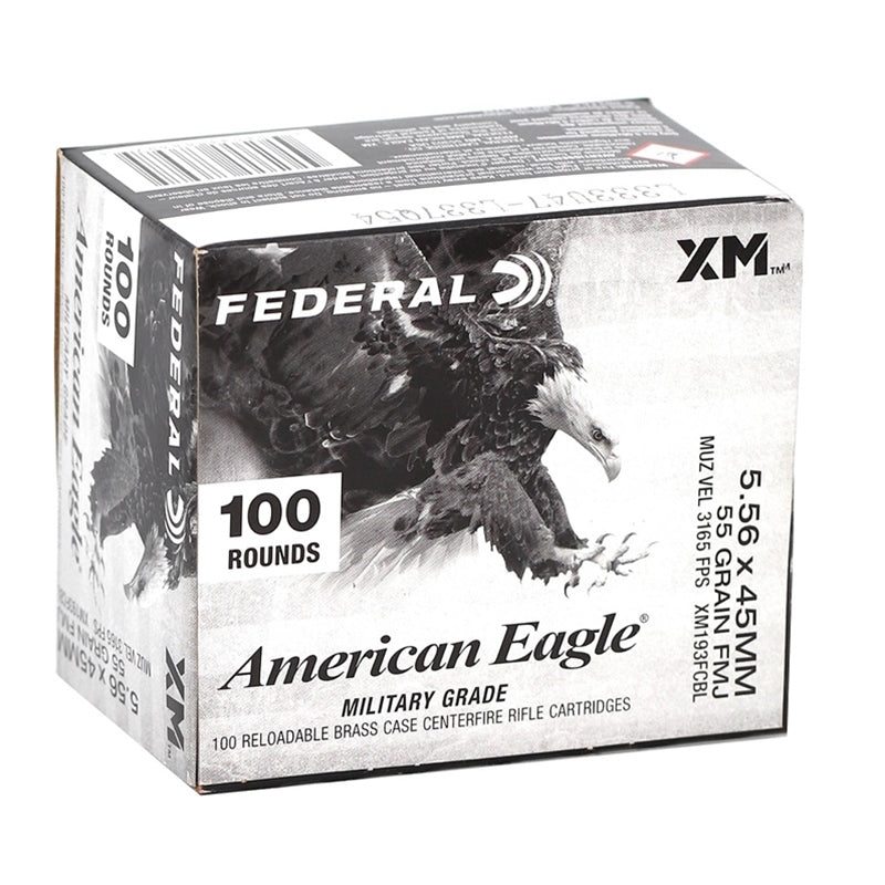 Federal American Eagle 5.56x45mm NATO Ammo 55 Grain Full Metal Jacket 100 Rounds - XM193FCBL
