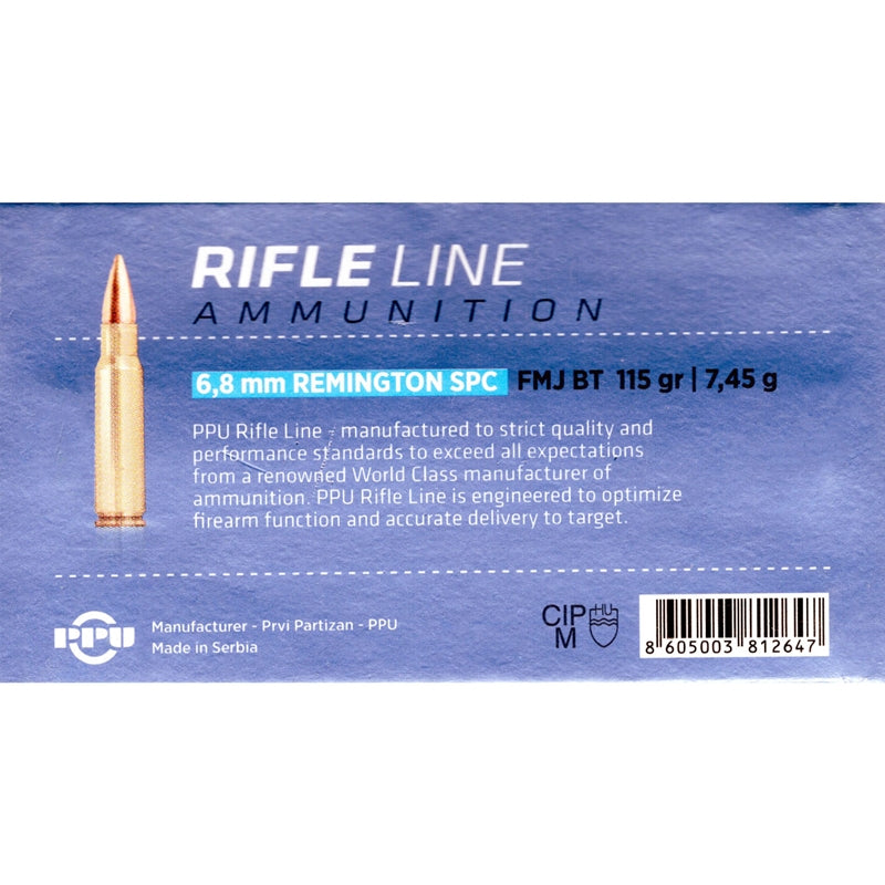 Prvi Partizan 6.8 Remington SPC Ammo 115 Grain Full Metal Jacket Boat Tail - PP68F