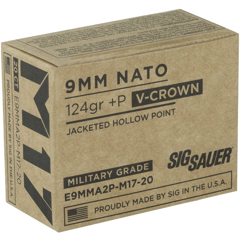 Sig Sauer Military Grade V-Crown 9mm Luger +P Ammo 124 Grain Jacketed Hollow Point - E9MMA2PM1720