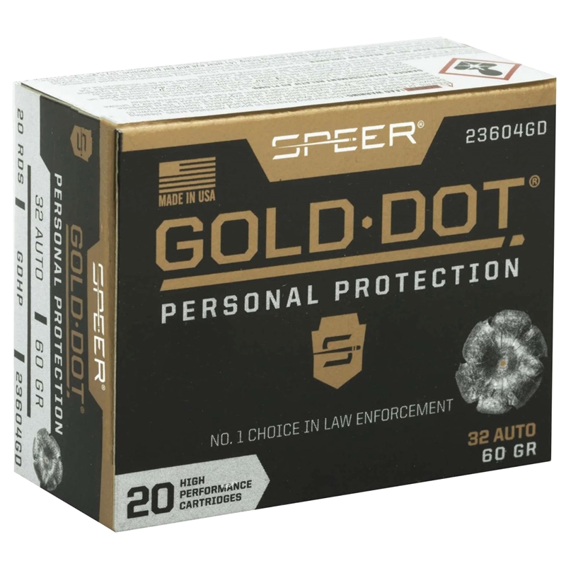 Speer Gold Dot 32 ACP AUTO Ammo 60 Grain Gold Dot Hollow Point Ammo - 23604GD Box Of 20 23604GD Box Of 20 Ammo