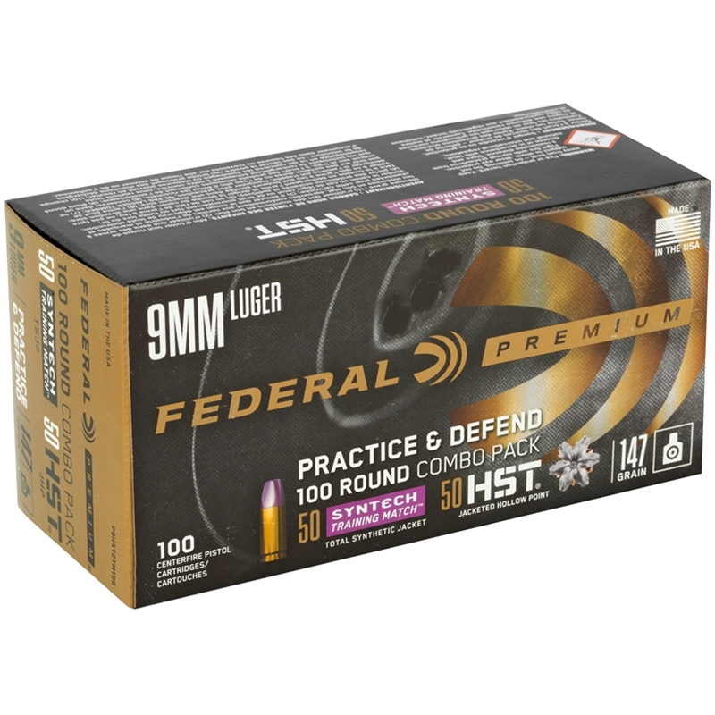 Federal Practice & Defend 9mm Ammo 147 Grain SyntechHydra-Shok / Tactical Jacketed Hollow Point Ammo - P9HST2M100 Box Of 100 P9HST2M100 Box Of 100 Ammo